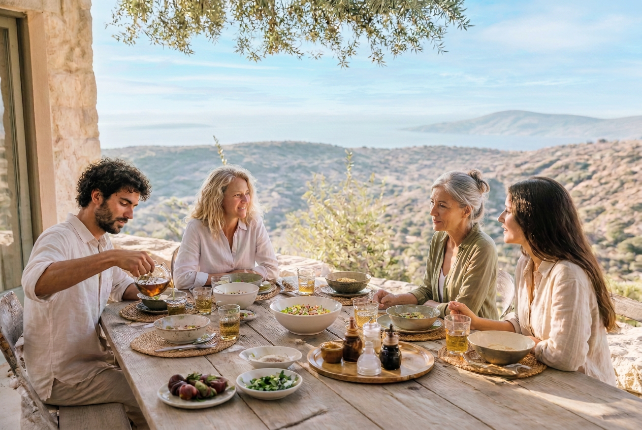 Vier mensen aan een lange buitentafel op een mediterraan terras, iemand schenkt thee in