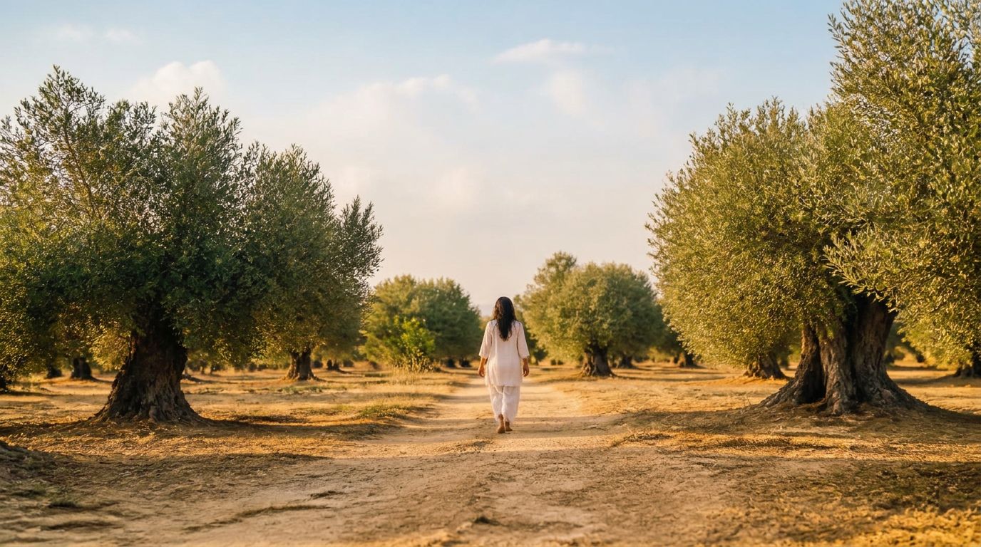 Een vrouw loopt over een zandpad tussen olijfbomen in Zuid-Spanje in het ochtendlicht